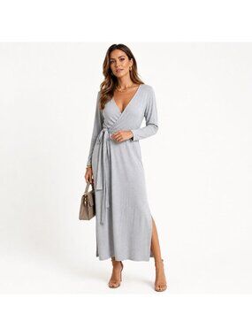 Splendid Gray Long Sleeve Soft Jersey Wrap Dress Belted Viscose Womens L Classic